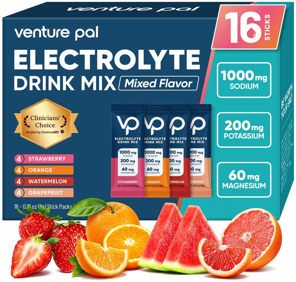 Venture Pal High Sodium Sugar Free Electrolytes Powder Packet - Hydration Packets med Vitamin, Sodium & Potassium | Zero Calories | Vegan, Keto & Paleo Friendly Electrolyte Drink Mix - 16 Sticks