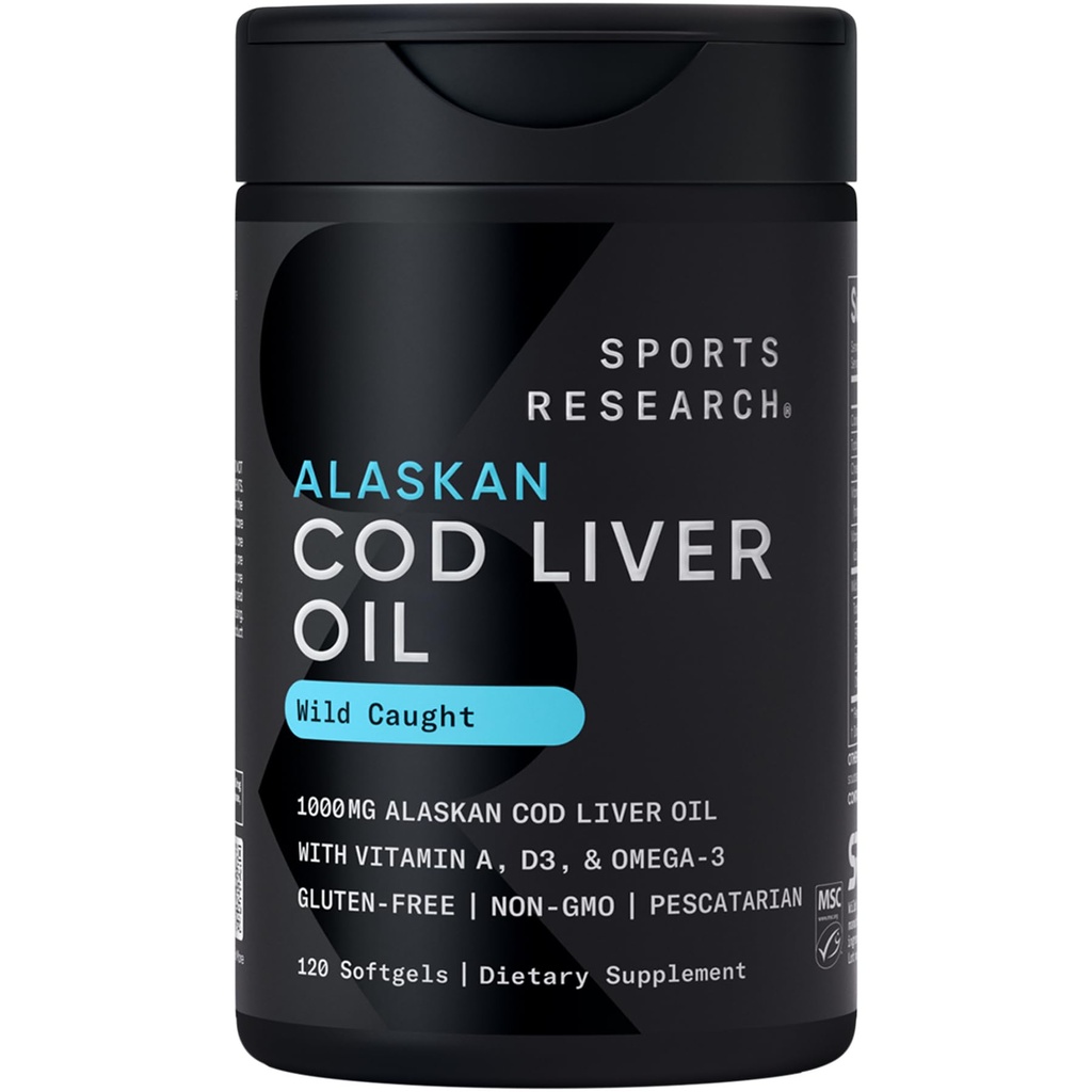 Sports Research® Omega-3 Wild Alaskan Cod Liver Oil 1000mg med vitamin A (1000 IE) & D3 (400 IE) - Burpless, Bovine Free, Non-GMO, & MSC Certified Sustainable - 120 Softgels