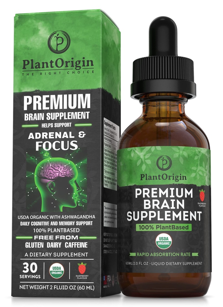 PLANTORIGIN-USDA Organic Liquid Brain Supplement - Plant-Based Nootropic Drops for Focus, Memory & Mental Clarity - Vegan, Non-GMO, Caffeine-Free, Ashwagandha, Ginseng, Ginkgo, Rhodiola - Made in USA
