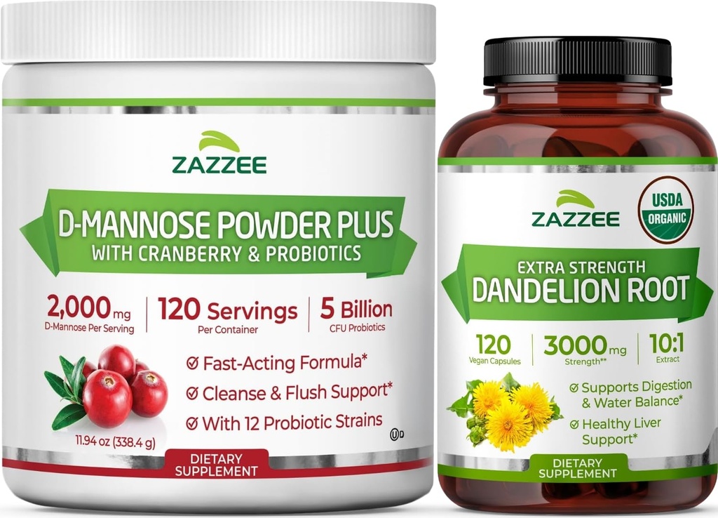 Zazzee Urinary Tract Cleanse & Detox Bundle | USDA Organic Dandelion Root Extract Capsules Plus D Mannose with Cranberry Probiotics for Women | Non-GMO Vegan & ISO Lab Tested (120 Servings Each)