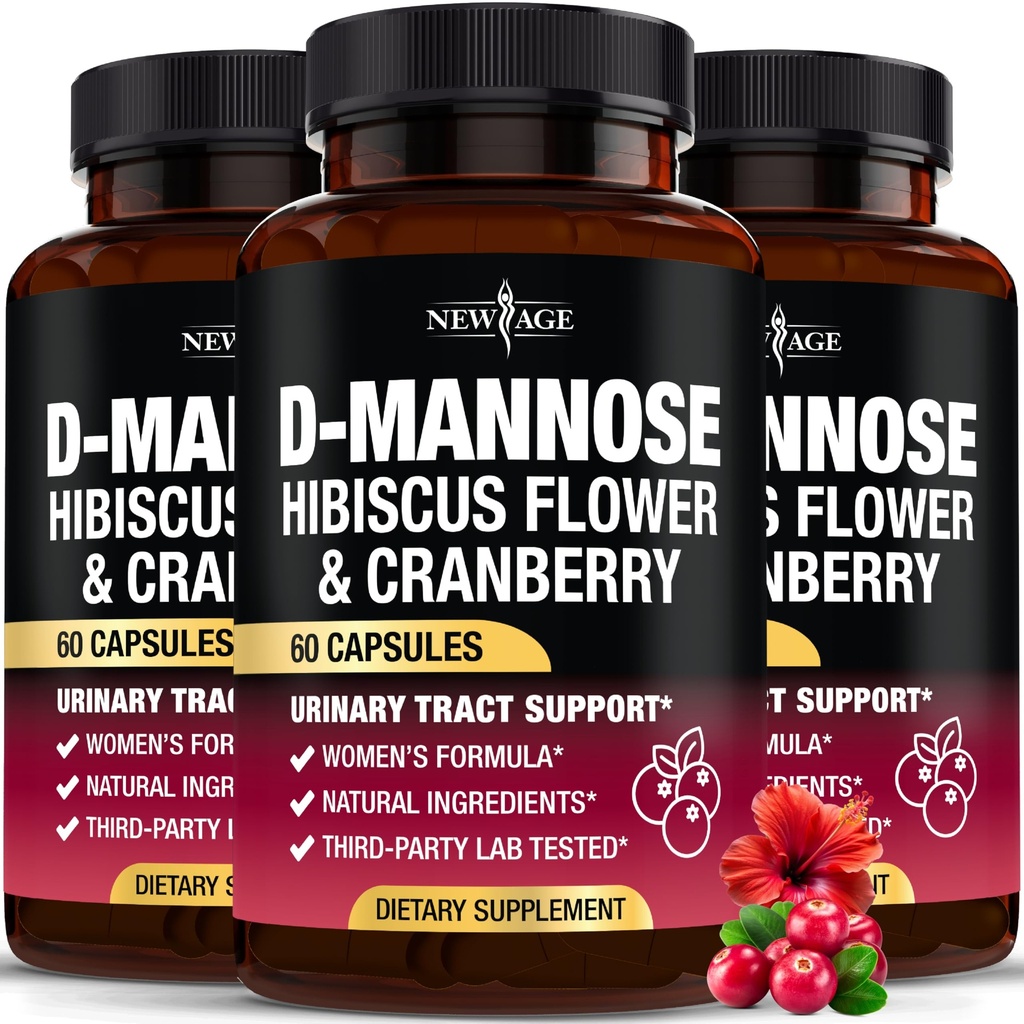 NEW AGE D-Mannose with Cranberry & Hibiscus - High Strength for Urinary Tract Health - Supplement for Women - Bladder, Liver & Microflora Support - Made in USA - Vegan, 180 Capsules
