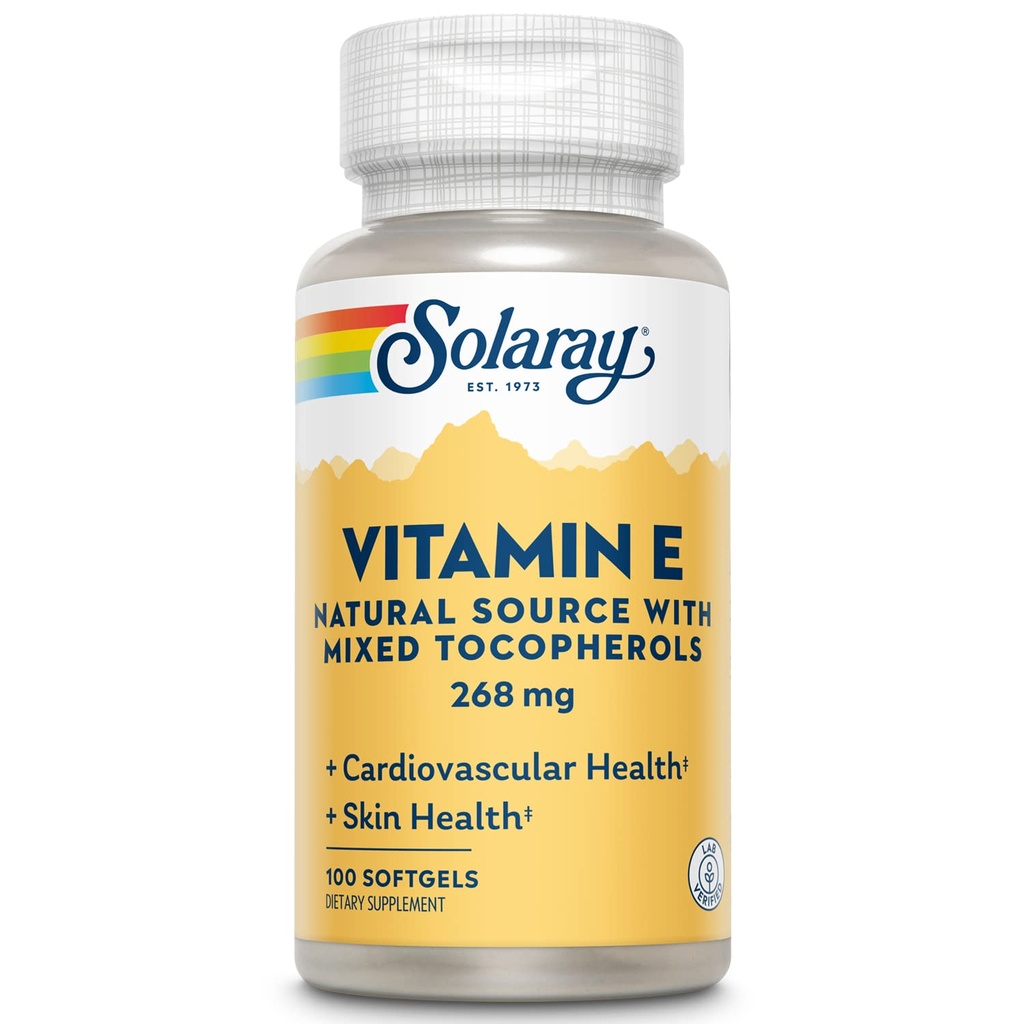 SOLARAY Vitamin E d-Alpha Tocopherol 268mg (400 IE) | Hjärt- och hudhälsa, Antioxidantaktivitetsstöd | 100ct