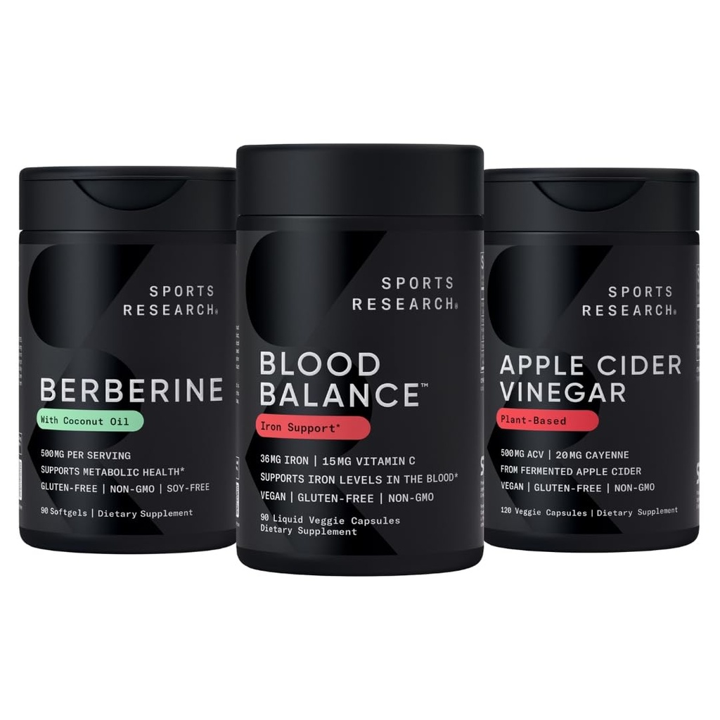 Sports Research Blood Control Pack - Blood Balance Iron Supplement - 36 MG Iron + Folate & Vitamin C for Absorption + Berberine 500 mg + Apple Cider Vinegar with Cayenne Pepper