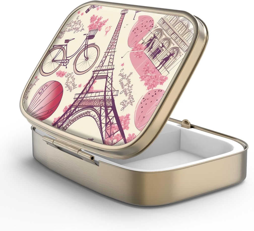 Pill Case Pill Box med Mirror Retro 2 Compartment Small Pill Case for Purse eller Pocket Bronze Rectangular Pill Box eller Vitamins, Fish Oil, Supplements, Pill Containe Travel Gifts (Paris Eiffel Tower)