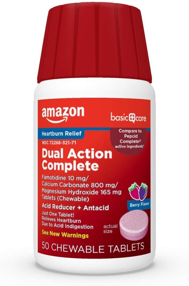 Grundläggande vård Dual Action Complete, Chewable Acid Reducer Plus Antacid Tablets, Berry Flavor, Heartburn Medicine, Acid Indigestion Relief, 50 Count