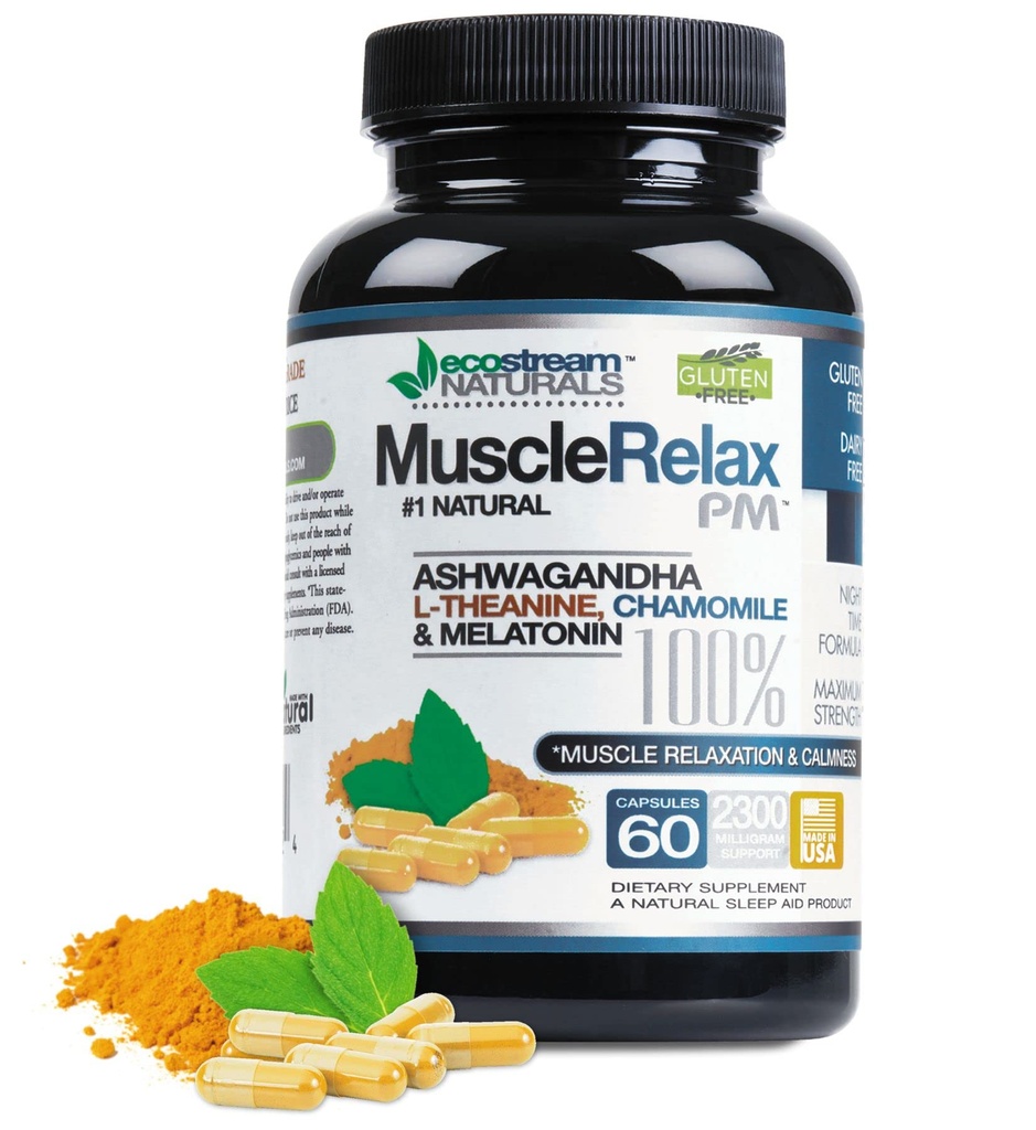 Natural Night-Time Support Muscle Relax PM - Över 2.300 Milligram Styrka - Ease Night Time Capsules Vila stöd med Magnesium, Ashwaganha, Valerian, Passion Flower