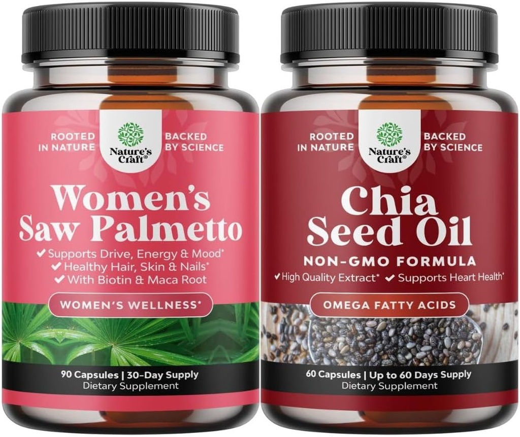 Bundle of Extra Strength Saw Palmetto för kvinnor och Chia Seed Oil Extract kapslar - Starkare tjockare snabbare hårväxt vitaminer - Plant Based Omega 3 6 9 Supplement och Daily Fiber kapslar