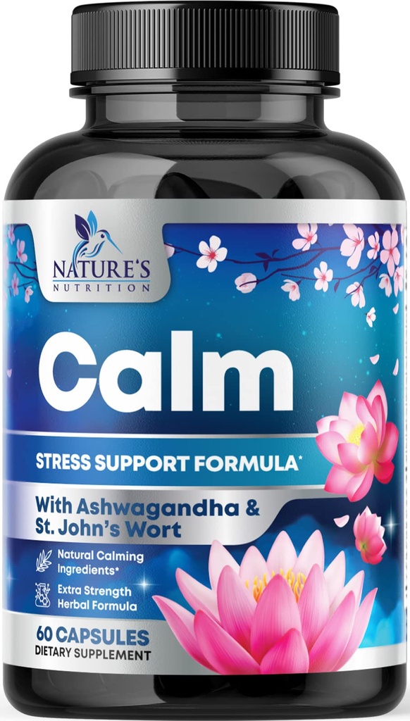 Stress Support Supplement - Extra Strength Ashwagandha, GABA, Magnesium, L-Theanine for Relief - Supports Mood & Focus - Naturally Calm, Unwind & Relax - Eases Tension & Nervousness - 60 Capsules