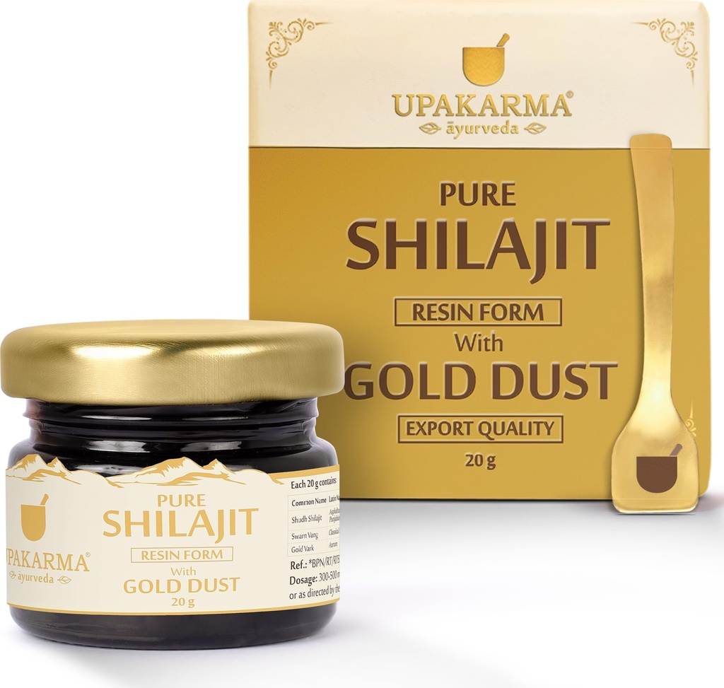 UPAKARMA Pure Shilajit Resin with Gold Dust 20g | Potent 300mg/serving | Extensive Global Sourcing | Potent Ayurvedic Formula with 24 Carat Gold | Lab-Tested Purity | 66 Servings