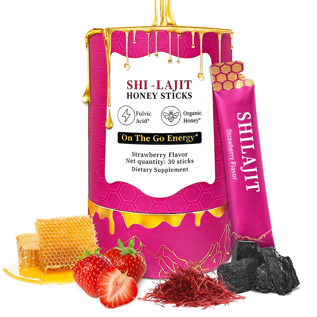 Shilajit Honey Sticks for Women, Strawberry Honeysticks with Organic Honey, Shatavari, & Saffron, Earthy & Aromatic Flavor, Portable Shilajit Straws, 30 Sticks