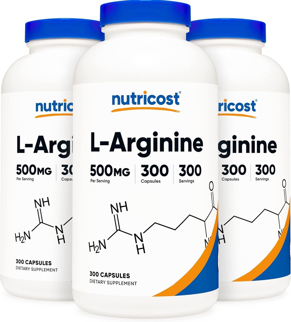 Nutricost L-arginin 500 mg, 300 kapslar (3 flaskor)