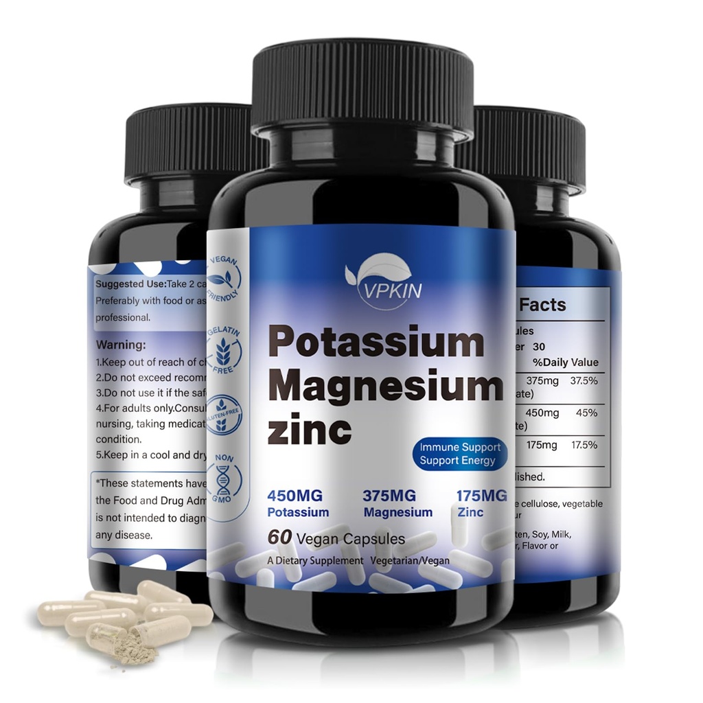 Kalium Magnesium Supplement 1000mg,Magnesium Kalium Zink för Leg Cramps, Hög Absorption Magnesium Komplex, Vegan (60 kapslar)