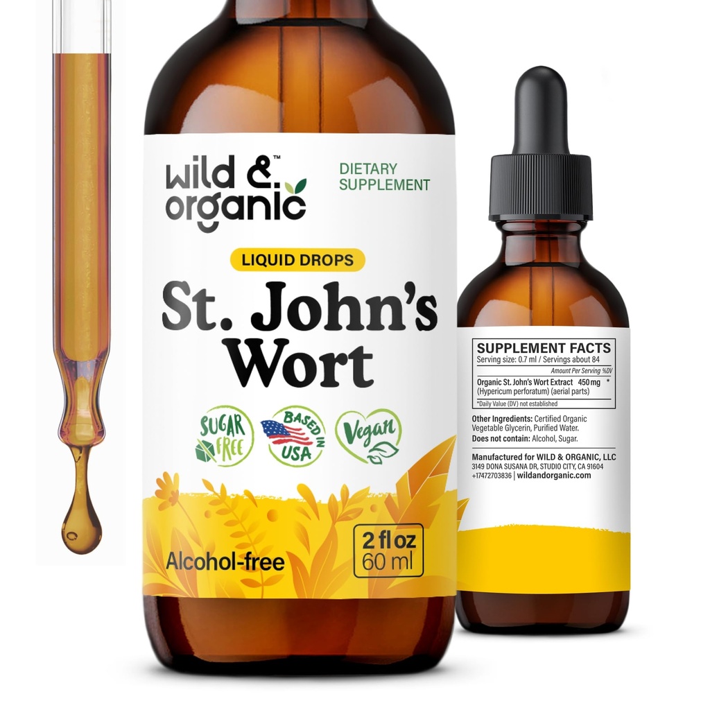 Wild & Organic St Johns Wort Tincture - Mood Support - Relaxing St. John's Wort Supplement - Liquid Hypericum Perforatum Herb Drops - Vegan, Sugar & Alcohol-Free - 2 fl oz