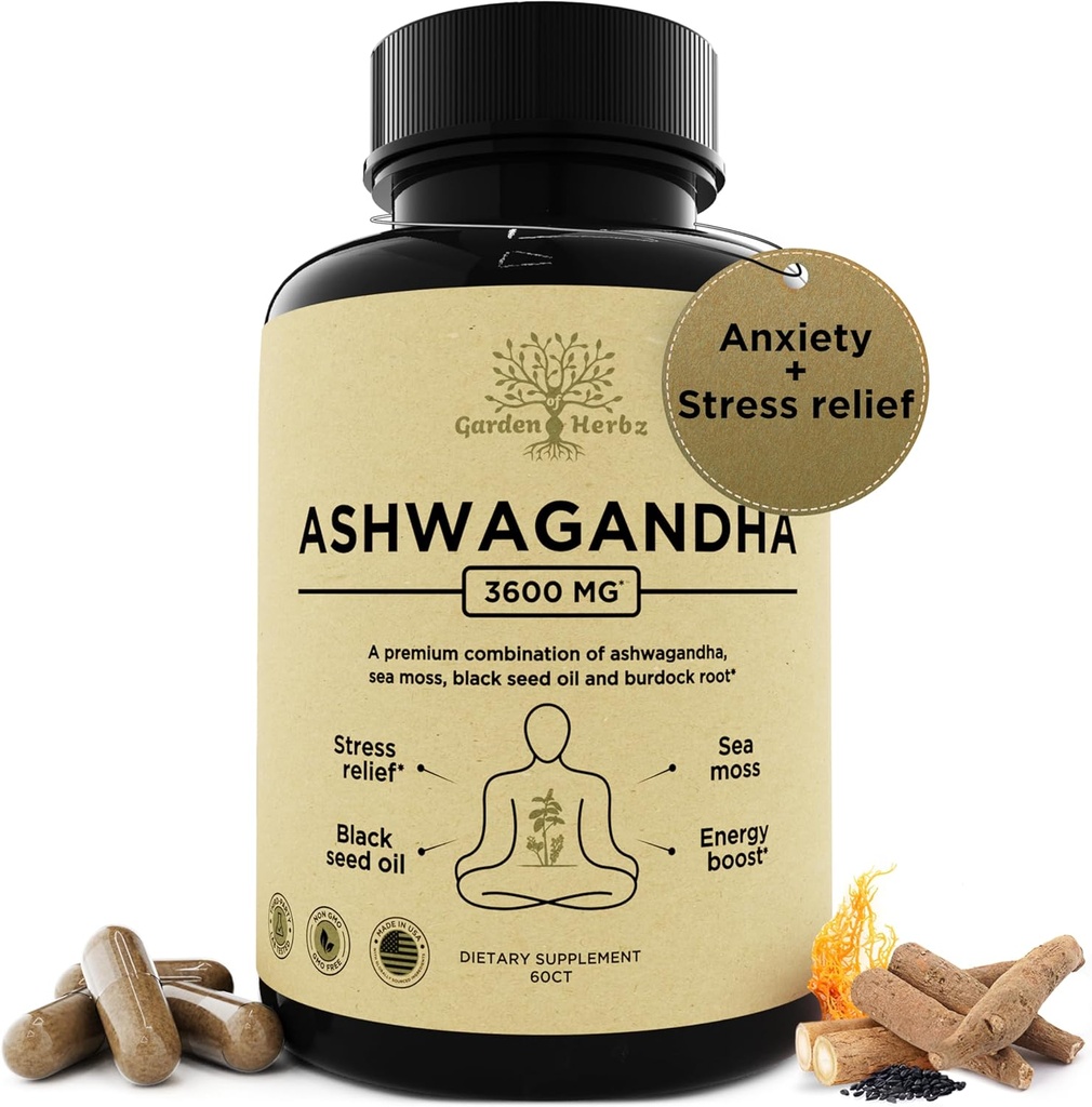 Organisk Ashwagandha Root & Irish Sea Moss - 3 600 mg Ashwagandha Supplement med Black Seed Oil, & Burdock Root - Herbal Supplement for Energy, Stress Relief, Extra Strength, 60 Caps