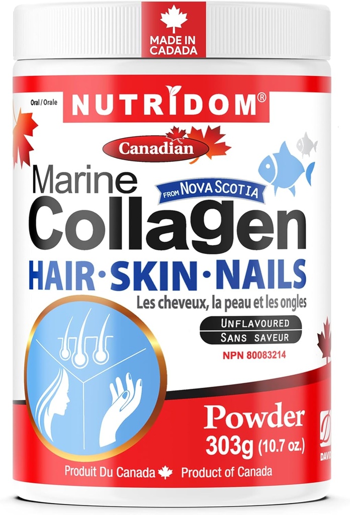 Nutridom Hydrolyserad Marine Collagen Peptides Powder, Wild-Caught från Nova-Scotia, stöder hår, hud och naglar, icke-GMO, fri från gluten, Soy & Dairy (303 g)