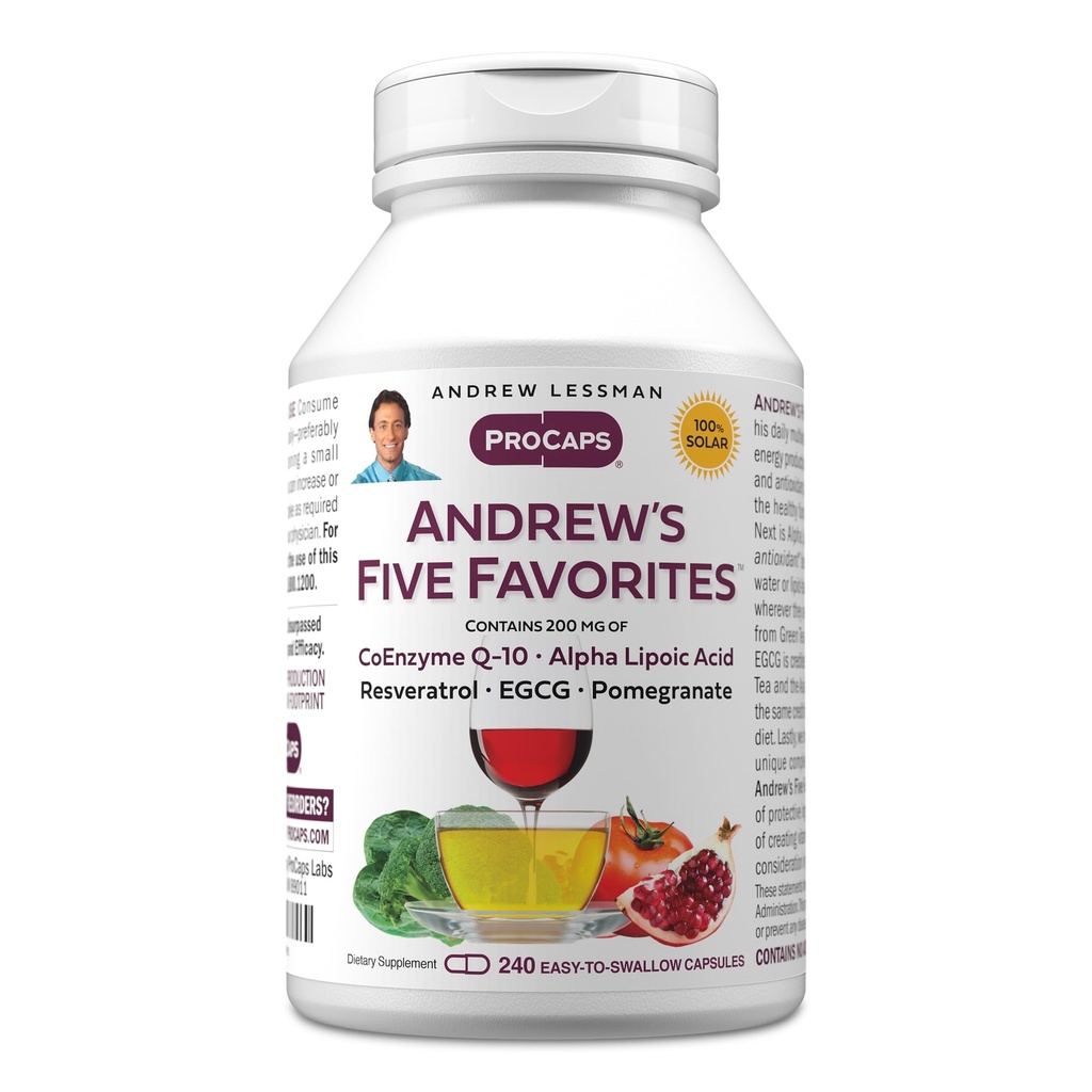 ANDREW LESSMAN Andrew fem favoriter 240 kapslar - Ger 200mg var och en av Coenzyme Q-10, Resveratrol, EGCG, Pomegranat och Alpha Lipoic Acid, kraftfull anti-Oxidant stöd, inga tillsatser