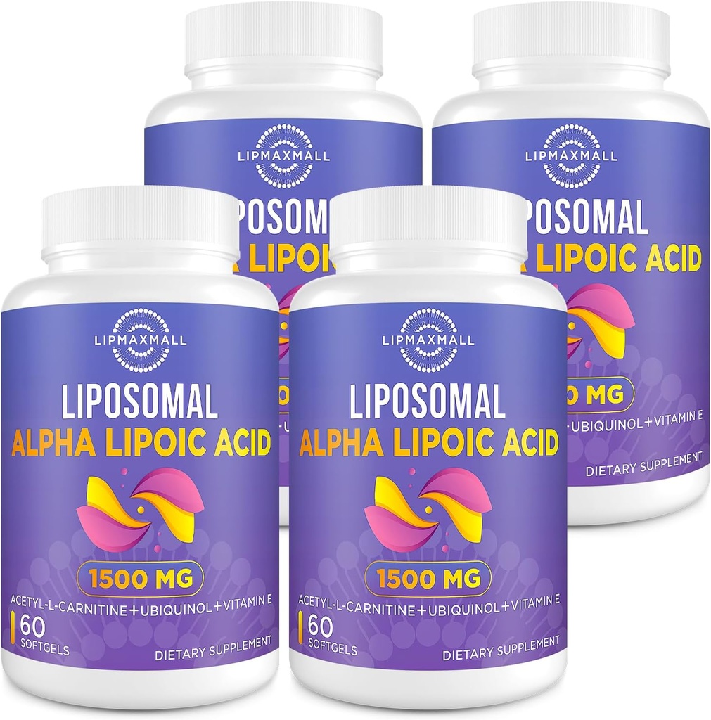 Liposomal Alpha Lipoic Acid 1500mg - med Acetyl-L-Carnitine 900mg & Ubiquinol 100mg & Vitamin E 15mg, ALA Supplement för antioxidanter Glucose Metabolism Nerve Energy,60 Softgels (4 flaska)