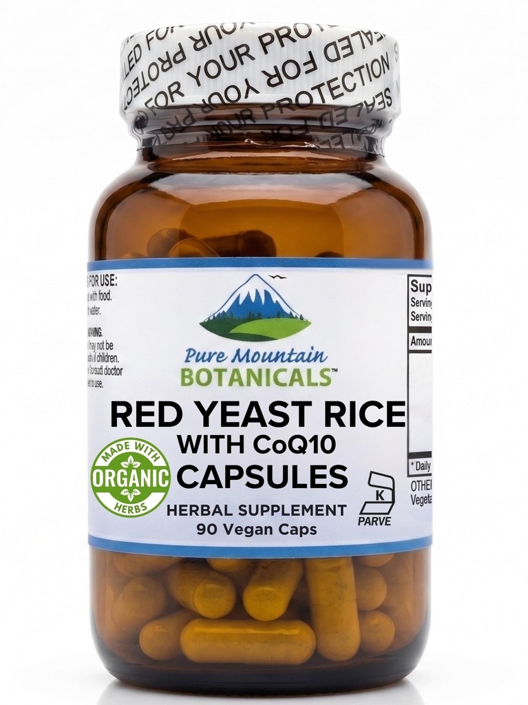 Pure Mountain Botanicals Red Yeast Rice med CoQ10 90 Kosher Vegan Capsules Nu med 600mg Organic Red Rice Yeast Plus Co Q 10