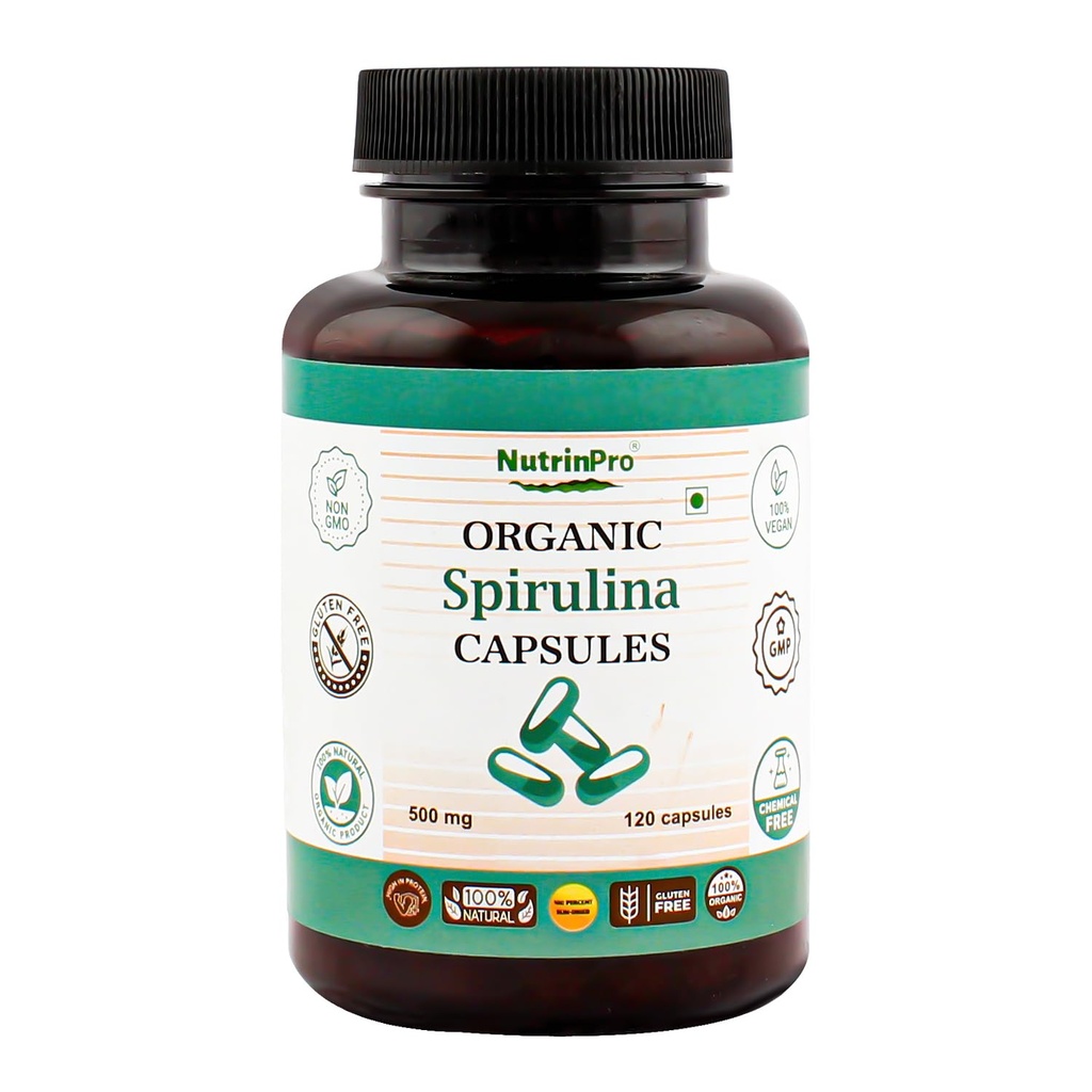 USDA Organic Spirulina kapslar - 100% Pure Vegan Supplement, Non-GMO, Gluten-Free, Chemical-Free, (120)