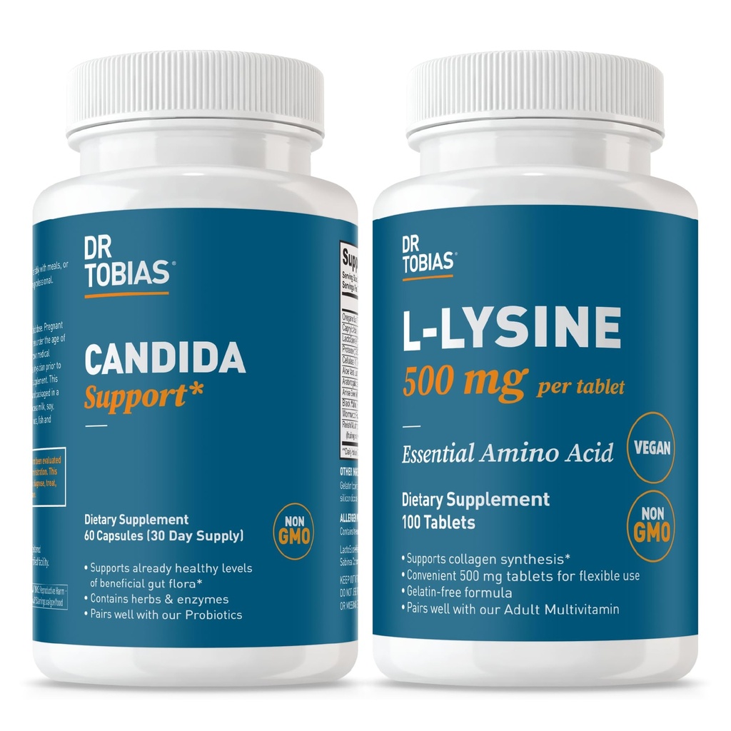 Dr. Tobias Candida Support (Gut Flora Balance Complex) + L‑Lysine 500 mg Tablets – Intestinal Detox & Probiotic Enzyme Cleanse with Essential Amino Acid for Collagen & Skin Health