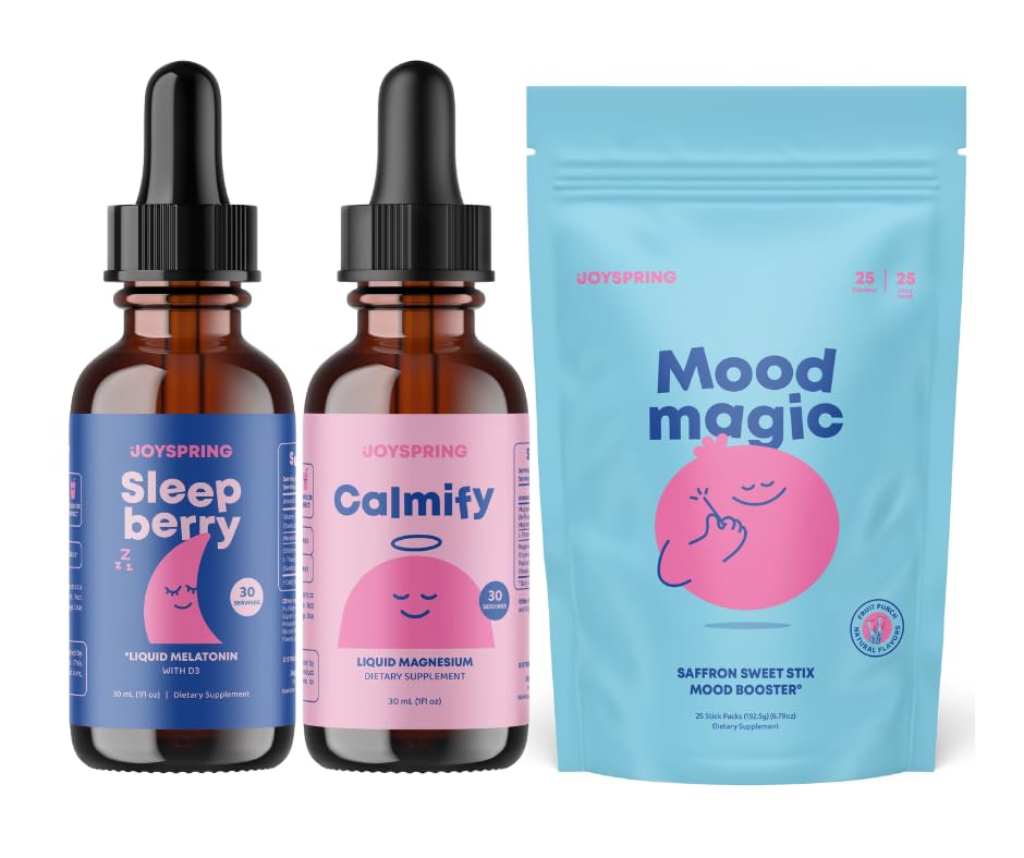 JoySpring SleepBerry Liquid Melatonin, Magnesium Citrate & Glycinate Drops och Mood Saffron Pixie Stick för barn