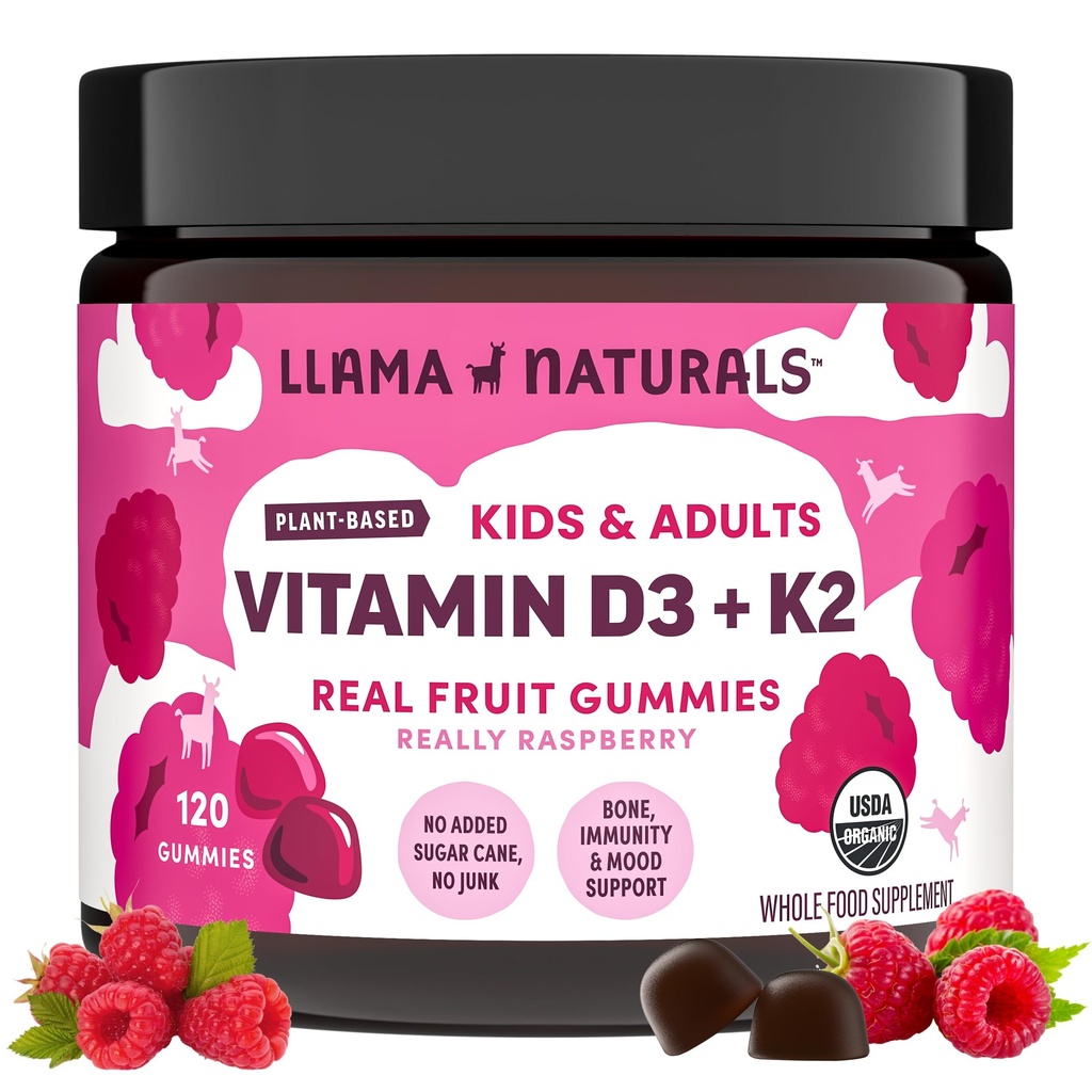 Llama Naturals Vitamin D3, Vegan, Organic Immune Support Supplement, Vitamin D Gummies för vuxna och barn, Real Fruit Gummy Vitaminer, främjar benhälsa, No Added Sugar Cane, Raspberry, 120 Ct