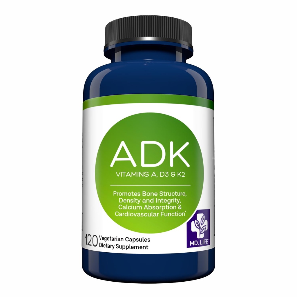 MD.LIFE ADK Vitamin Supplement - Vitamin D3 K2 och A Complex - 120 kapslar - High Potency Vitamin ADK för ben- och hjärthälsostöd