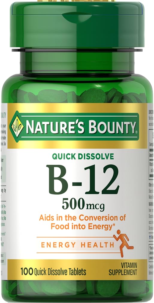 Nature's Bounty Vitamin B12, Supports Energy Metabolism and Nervous System Health, 500mcg, 100 Quick Dissolve Tablets