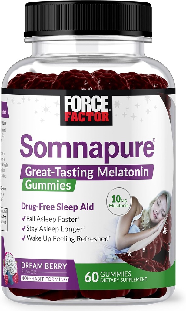 FORCE FACTOR Somnapure Gummies med Melatonin 10 mg för vuxna, Non-Habit-Forming, naturlig sömnhjälp för djup sömn, sova längre, vakna upp förfriskad, drömbär smak, 60 greve 1)