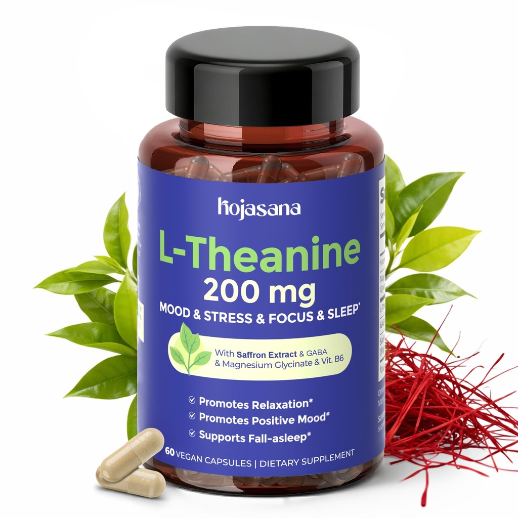 L Theanine 200mg med Saffron, GABA, Magnesium Glycinate & Vitamin B6, L-Theanine Supplement Advanced Complex Formula för Mood Relaxation & Stress Relief & Sleep Support, 60 Vegan Capsules