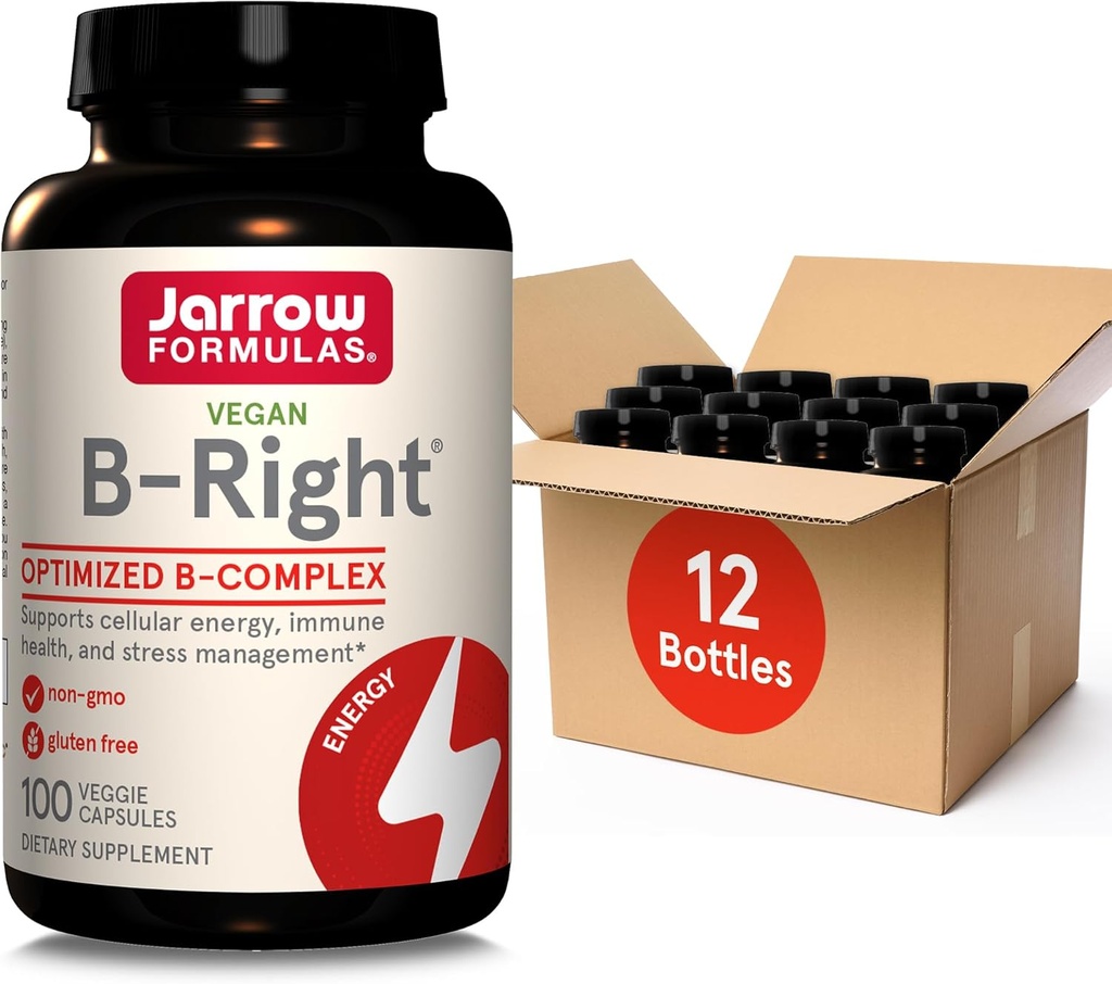 Jarrow Formulas B-Right,Optimized B Complex med Vit B1, B2, B5,B6,B12 och B9 för att stödja cellulär energi, immun hälsa och stresshantering,100 Veggie Caps,Up till en 100-dagars leverans, Pack 12