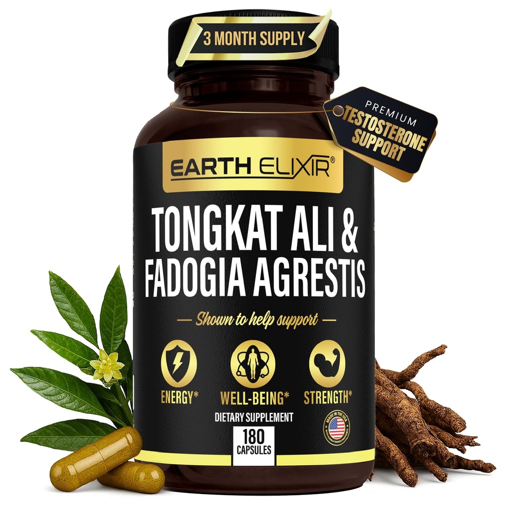 Jord Elixir Fadogia Agrestis & Tongkat Ali för Män & Kvinna - Naturtestosteron Supplement för Män - Tillverkad i USA & 3rd Party Tested - Styrka, Energi & Vitalitet - Longjack - 3 Månadsförsörjning