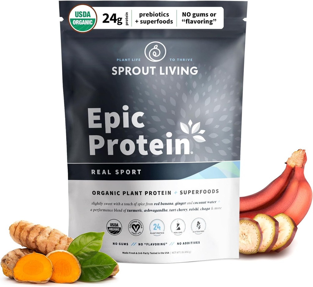 Sprout Living, Epic Protein, Plant Based Protein & Superfoods Powder, Real Sport | 24 Grams Organic Protein Powder, Recovery, Vegan, Non Dairy, Non-GMO, Gluten Free, Low Sugar (1 pund, 12 portioner)