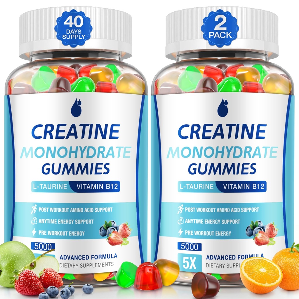 Kreatin Gummies för män och kvinnor - Kreatinmonohydrat Gummies 5g, Muscle Builder, Energy Boost & Pre-Workout Supplement, Low Sugar Taurine Chewable Gummy 2 Pack