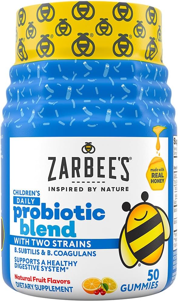 Zarbee's Kid's Daily Probiotic Blend Gummies med 2 stammar för Digestive Support; Lätt att tugga; Gluten-Free & Drug-Free; Ålder 2 +; Naturliga frukt smaker; 50 greve