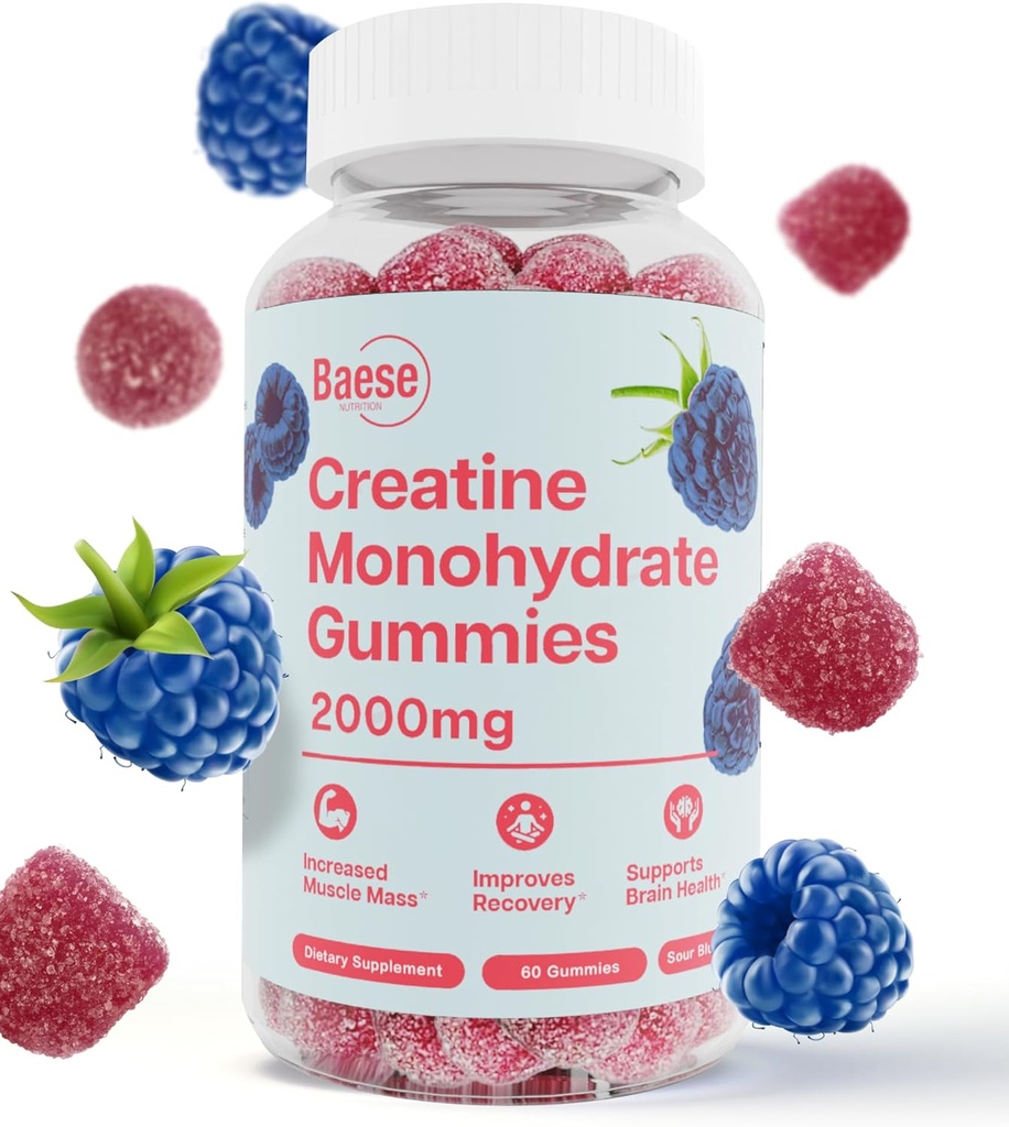 Kreatinmonohydrat Gummies för män och kvinnor - Hög renhet Sour Blue Raspberry- Chewable Creatine Infused Gummy för muskelstyrka och energi Boost, Bioavailable Pre-Workout Supplement