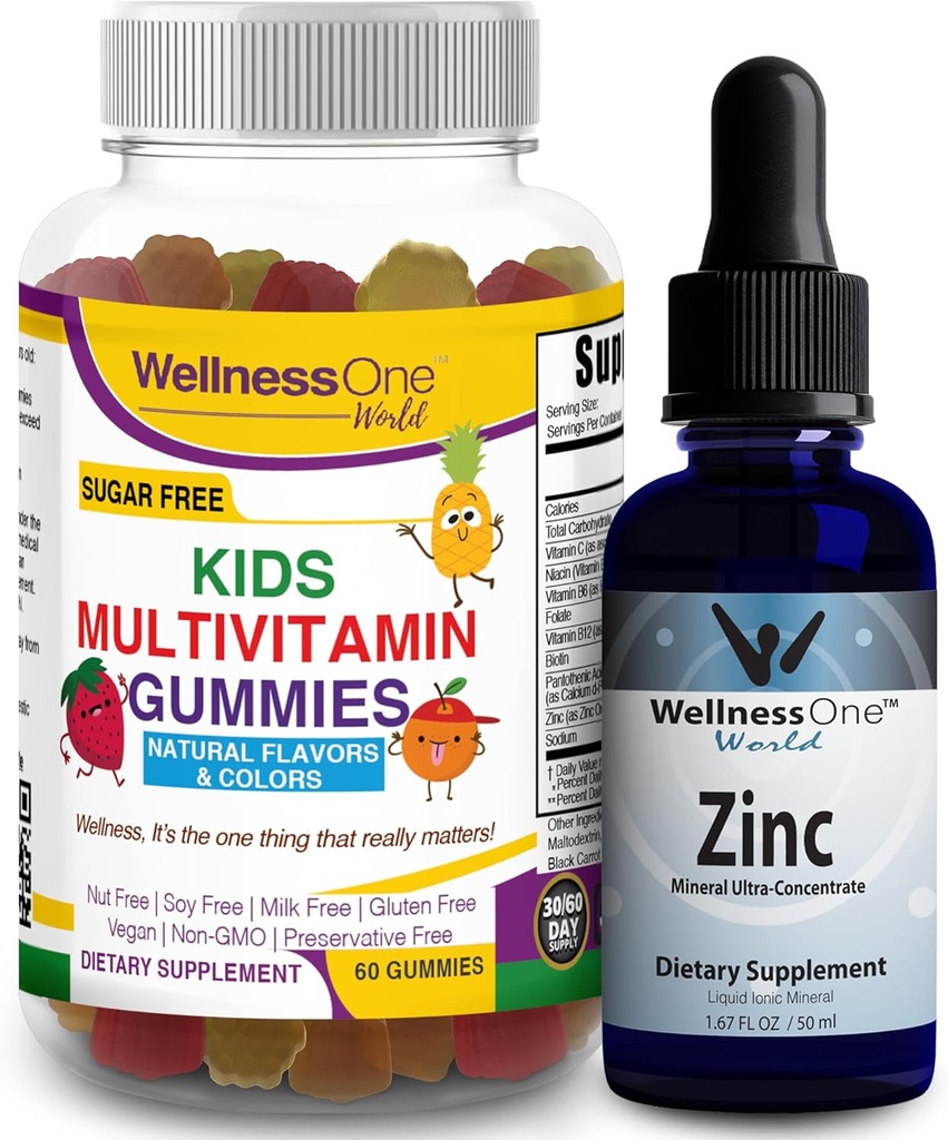 WellnessOne Liquid Zinc & Kids Multivitamin Gummies - Stor Duo för att öka energi, immunitet och dina barns hjärnhälsa - 1,67 fl oz Zink Liquid Drops & 60 Björn Fruity smaksatt Gummy Multivitamin för barn