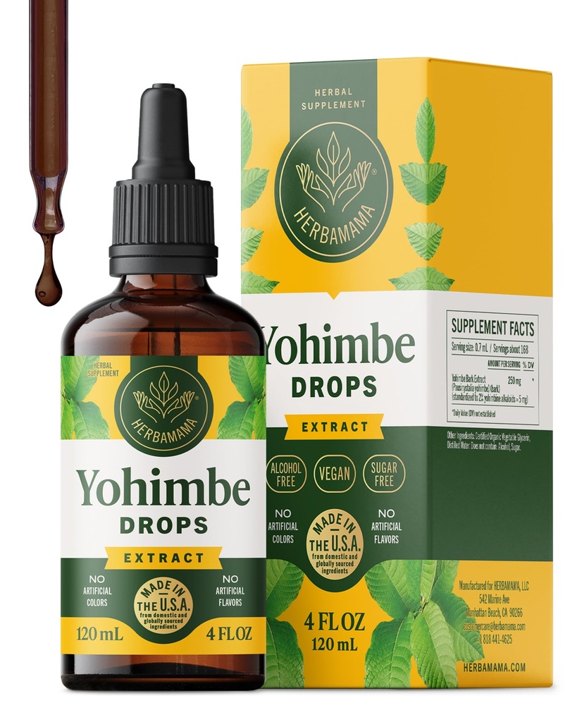 HERBAMAMA Yohimbe Supplements for Men & Women - Vegan Overall Support med Yohimbe Bark Extract - Non-GMO, Alcohol & Sugar-Free Yohimbine Tincture, 84-Day Supply