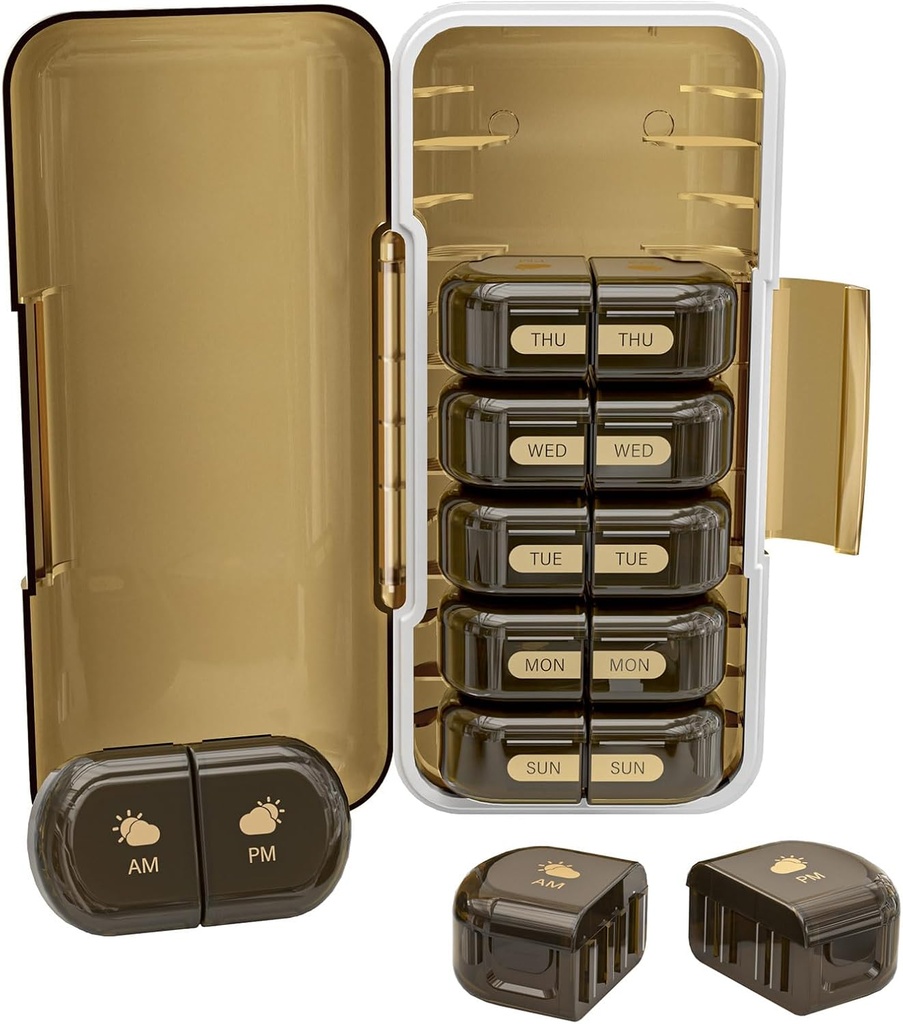 Weekly Pill Organizer 2 Times a Day, Moisture-Proof, Detachable Compartments, AM PM Pill Box 2X 7 Day, Travel Pill Organizer för Pills/Fish Oil/Medication/Vitamin/Supplements (Brown)