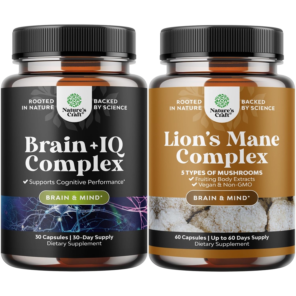 Bundle of Nootropic Memory Supplement with Vitamin B 12 Bacopa Monnieri Rhodiola Rosea DMAE Ginkgo Biloba and Advanced Lion's Mane Mushroom Supplement - Reishi Chaga Maitake Shiitake for Brain Support