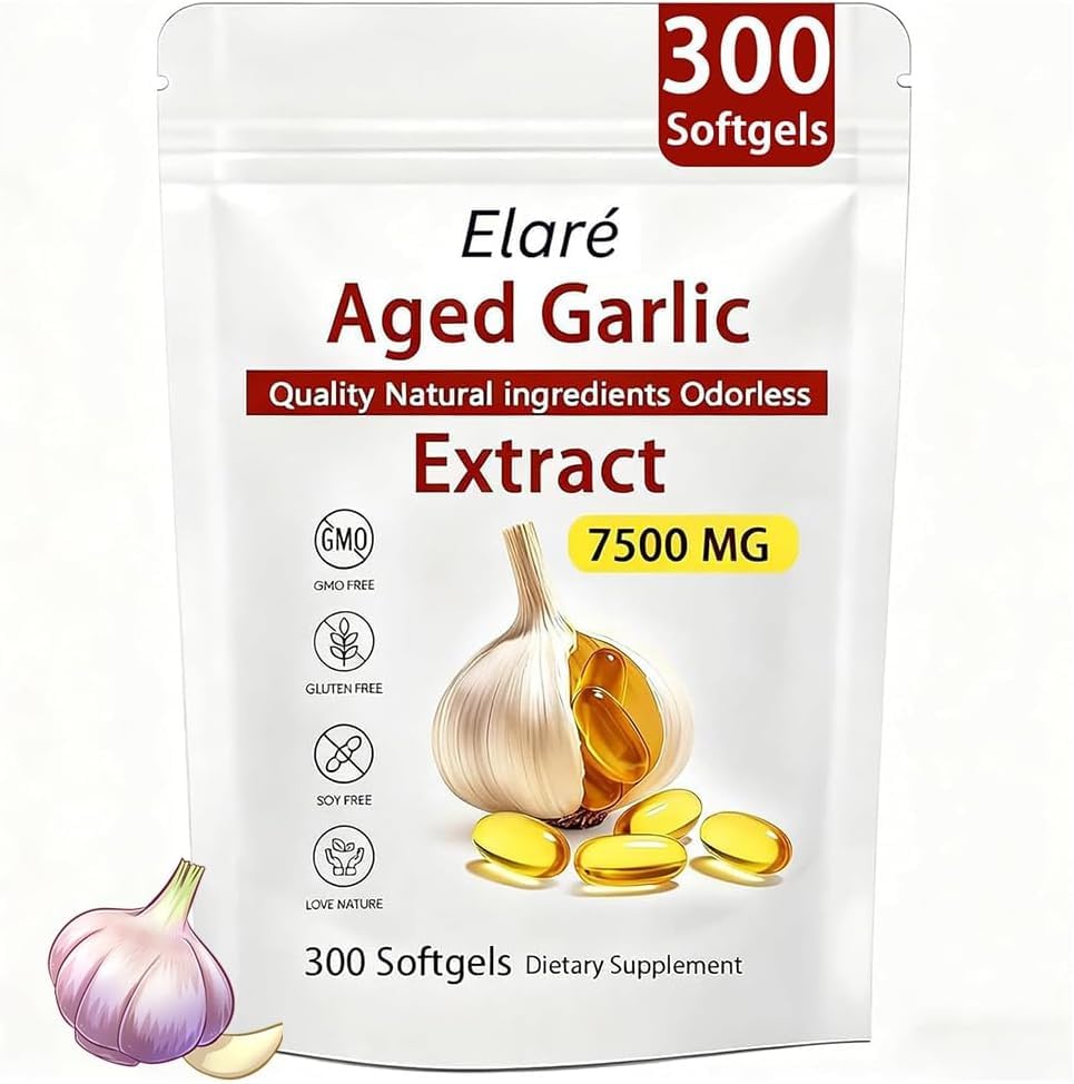 ELARE Aged Garlic Extract Capsules 7500 Odorless - 300 Count, Garlic Supplement, 2-Year Matured - for Heart & Immune Support, Non-GMO, Gluten-Free