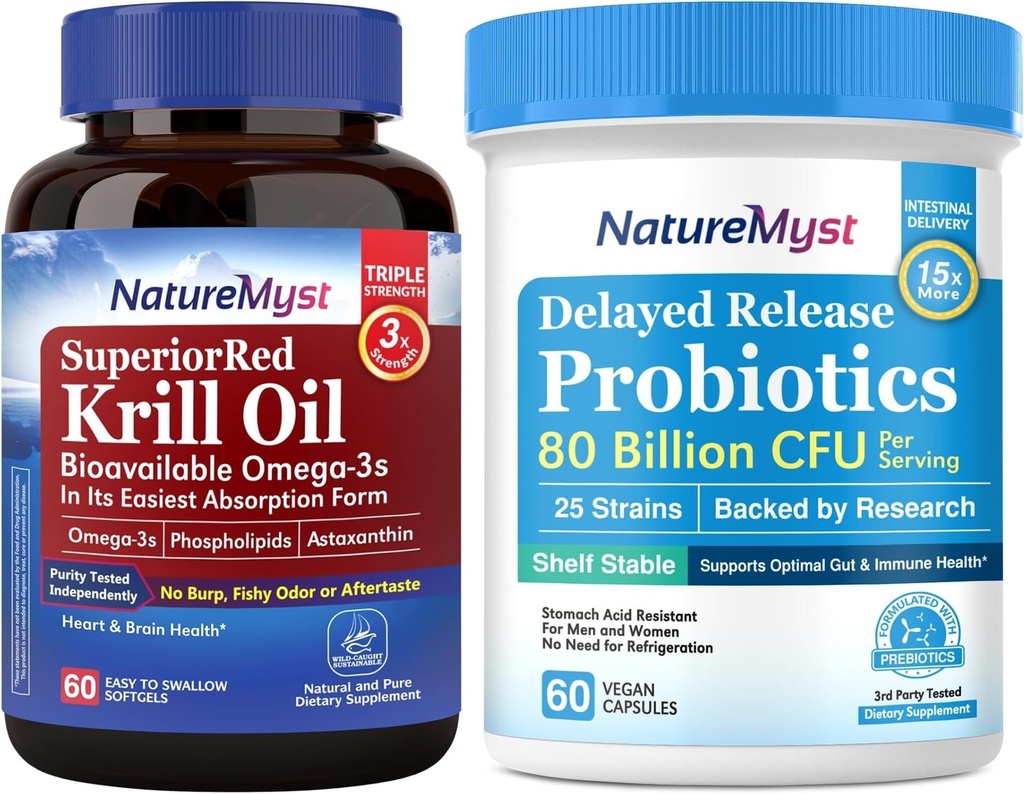 Krill Oil 1000mg och Probiotics Bundle, Omega 3s med DHA EPA & Astaxanthin, Plus 80 miljarder CFU 25 Strains, Gut, Heart & Immune Function, Non-GMO, Made in USA, 60 Softgels + 60 kapslar