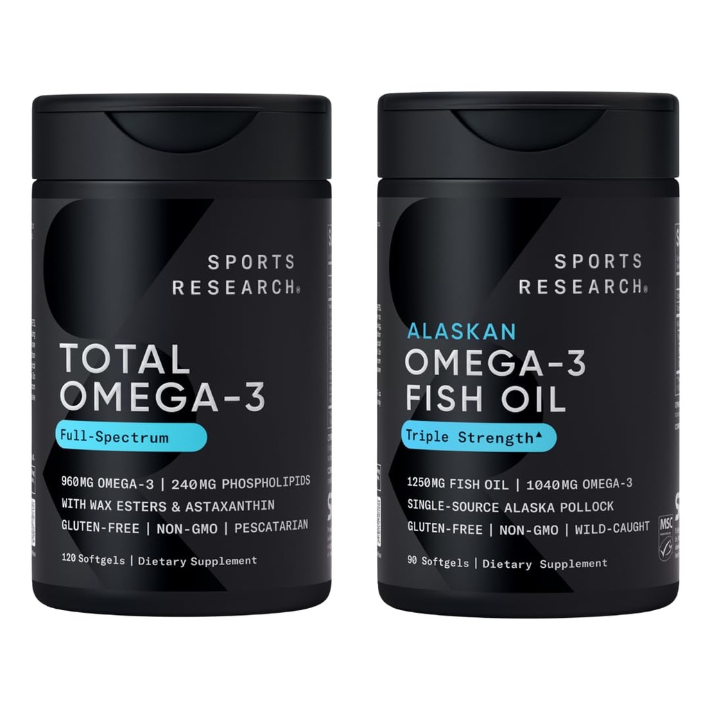 Sports Research® Omega-3 Fish Oil Bundle - Total Omega-3 2200mg (Krill, Salmon & Pollock) + Triple Strength Fish Oil 1250mg - Hög EPA & DHA Supplement