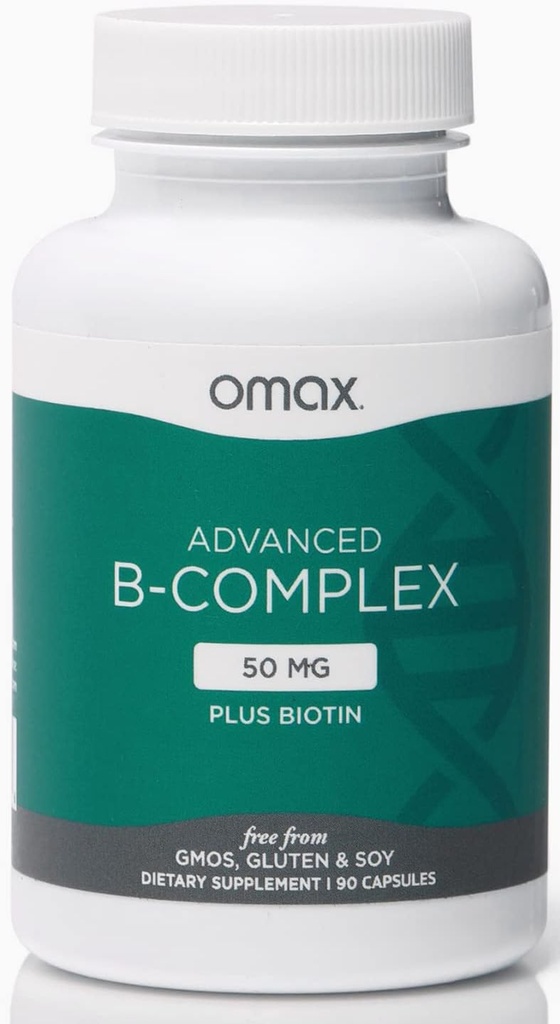Omax3 Advanced Vitamin B Complex 50MG med Biotin | Strong & Shiny Hair, Skin Nails, Support Stress, Immunity, Energy Metabolism, 90 kapslar