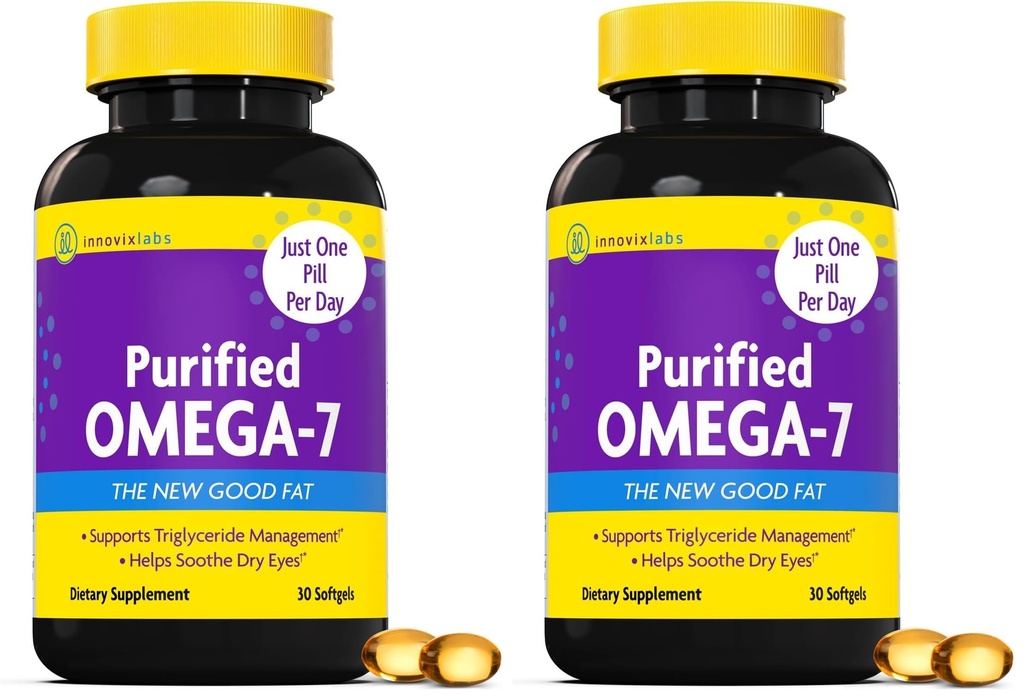 InnovixLabs Purified Omega 7 Supplement - 210 mg Omega-7 Palmitoleic Acid, Fish Oil for Metabolism & Triglyceride Support, Essential Fatty Acids, IFOS Approved, 30 Softgels (Pack of 2)