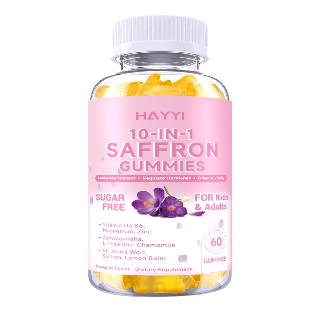 Saffron Supplements Gummies for Kids & Adults,with Ashwagandha,L-Theanine,Chamomile,St. John's Wort,Lemon Balm,Vitamin D3 B6, Magnesium Glycinate,Zinc Gummies for Zzz, Mood, Focus & Vision 60 Cnt