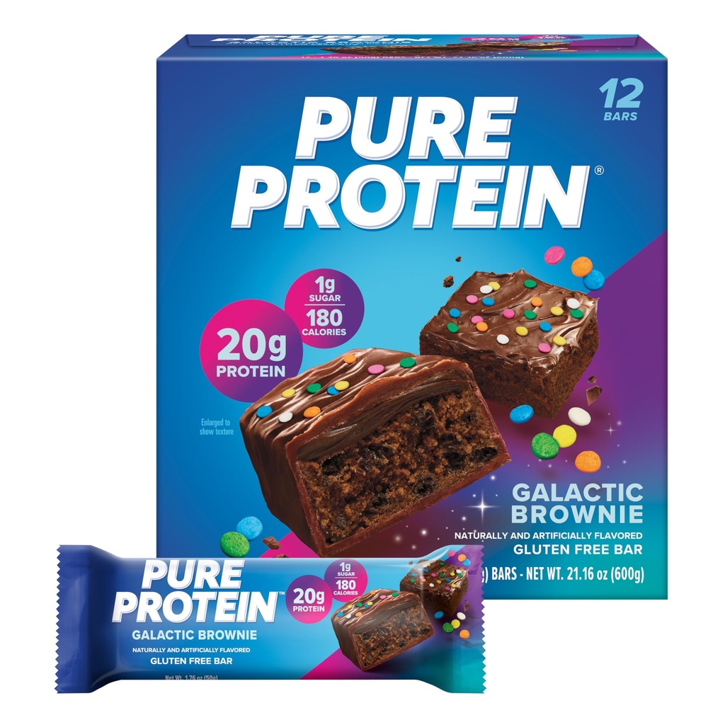 Pure Protein Galactic Brownie Protein Bars – 20g Protein, 3g Sugar, 190 Calories (12 count) Low Sugar* High Protein Snack - Gluten Free - Perfect for a Healthy Snack