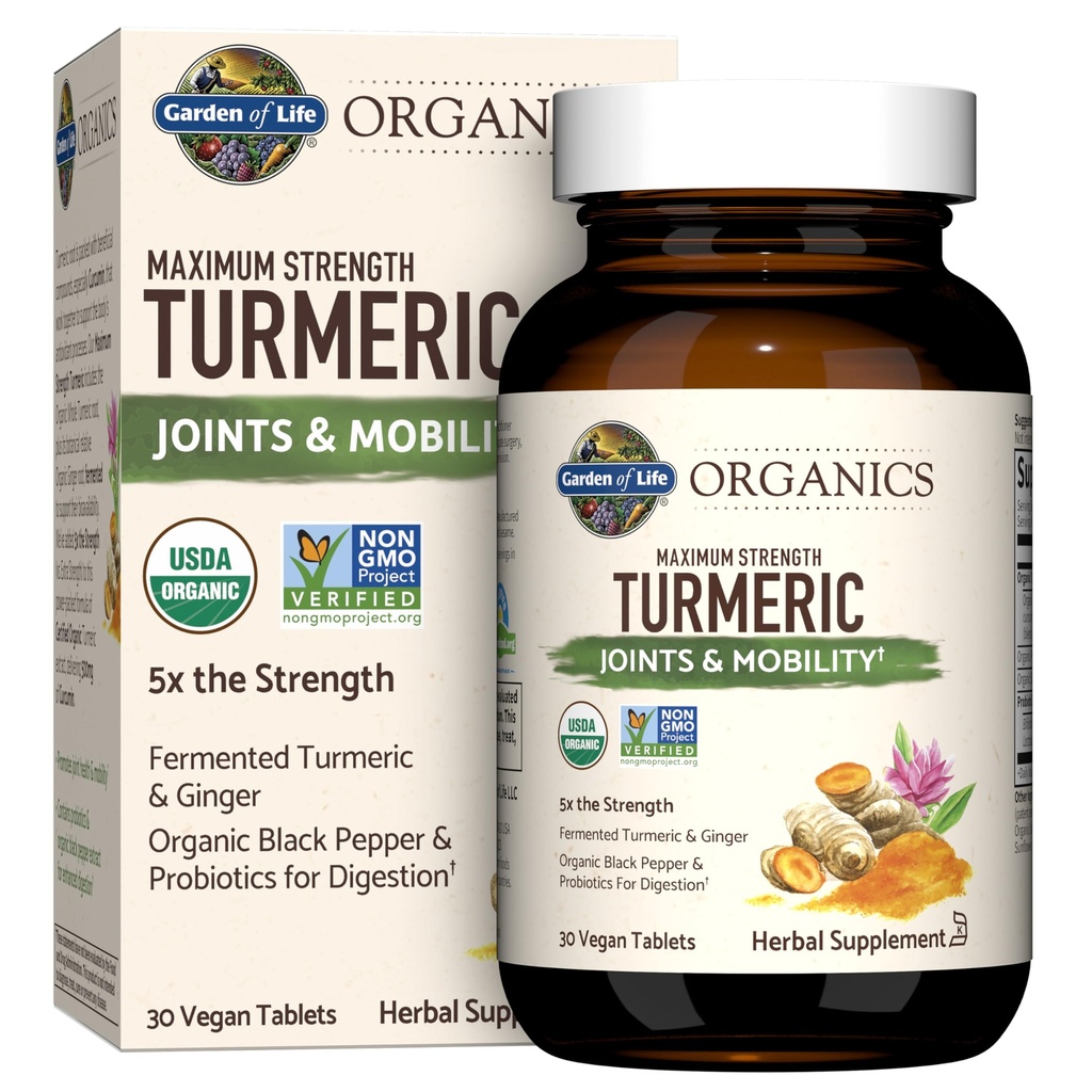 Garden of Life Organics Maximum Strength Turmeric Joints & Mobility Support 30 Tablets - 500mg Curcumin (95% Curcuminoids) Black Pepper - Organic Non-GMO Vegan & Gluten Free Herbal Supplements