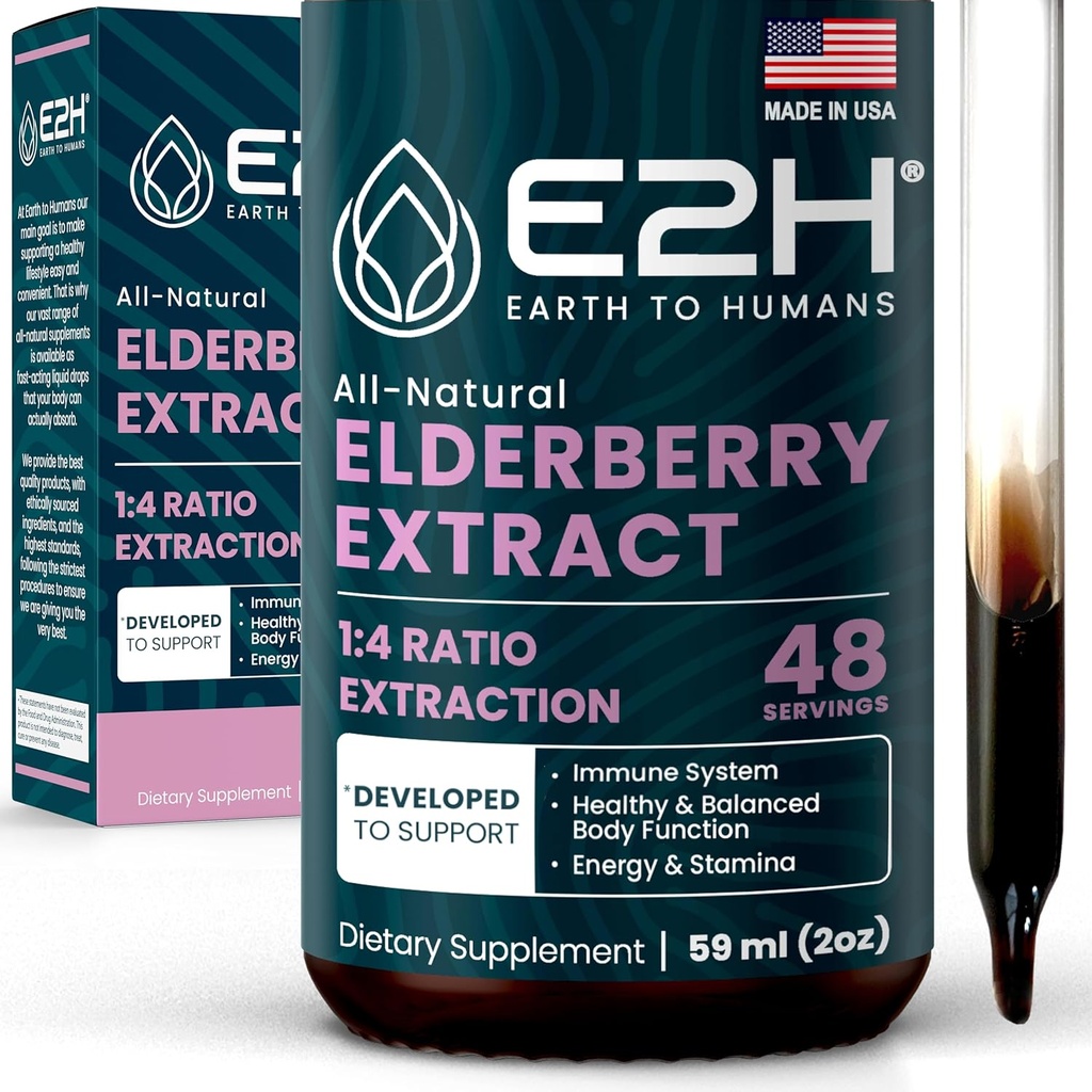 E2H Elderberry Syrup - Kraftfulla antioxidanter Tillägg från organiska Elderberries Extract - Sambucus Elderberry Syrup för barn och vuxna för immunstöd - Non-GMO, Vegan - 2 Fl Oz