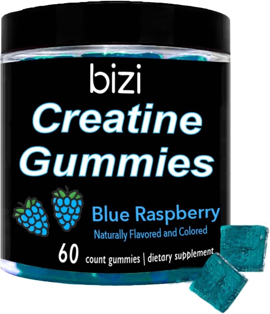 Bizi Creatine Gummys for Men & Women - 1g av kreatinmonohydrat per Gummy - Vattenmelon smak - Träning, muskeltillväxt och återhämtningstillägg - Vegan & Gluten Free (60 ct) (Blue Raspberry)